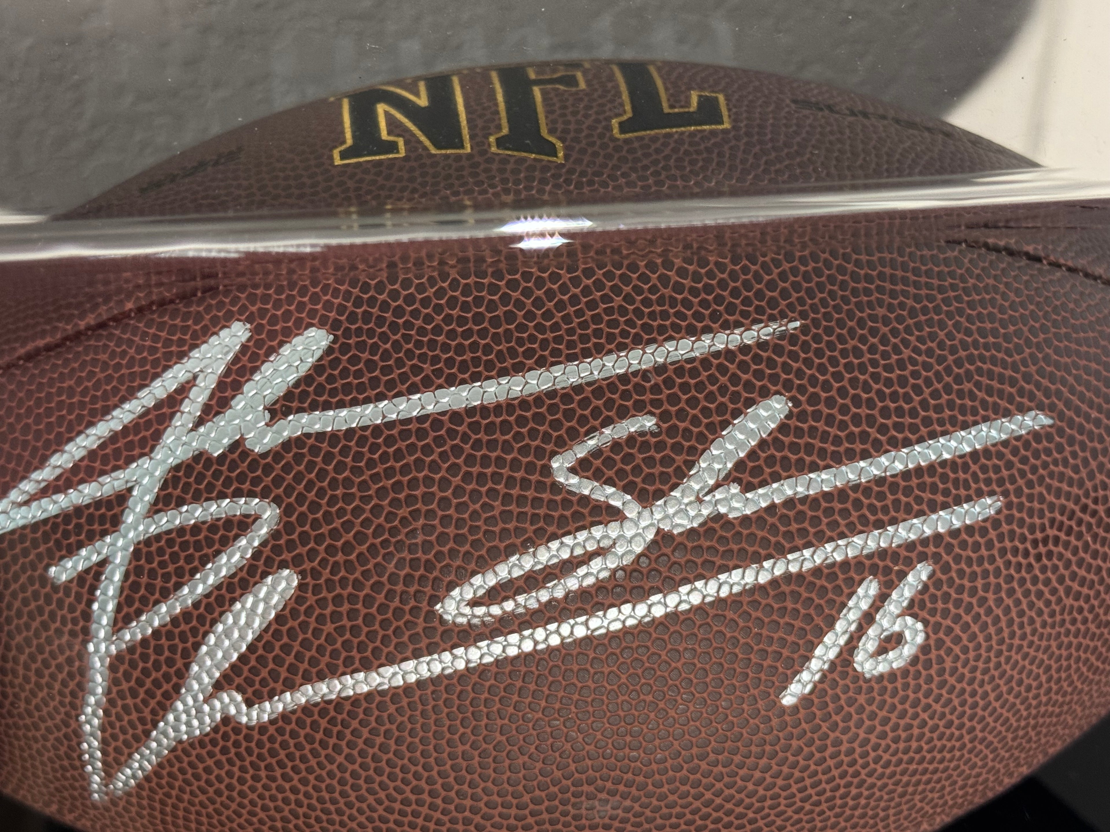 Jake Plumber Autographed Football (Schwartz) With Case.