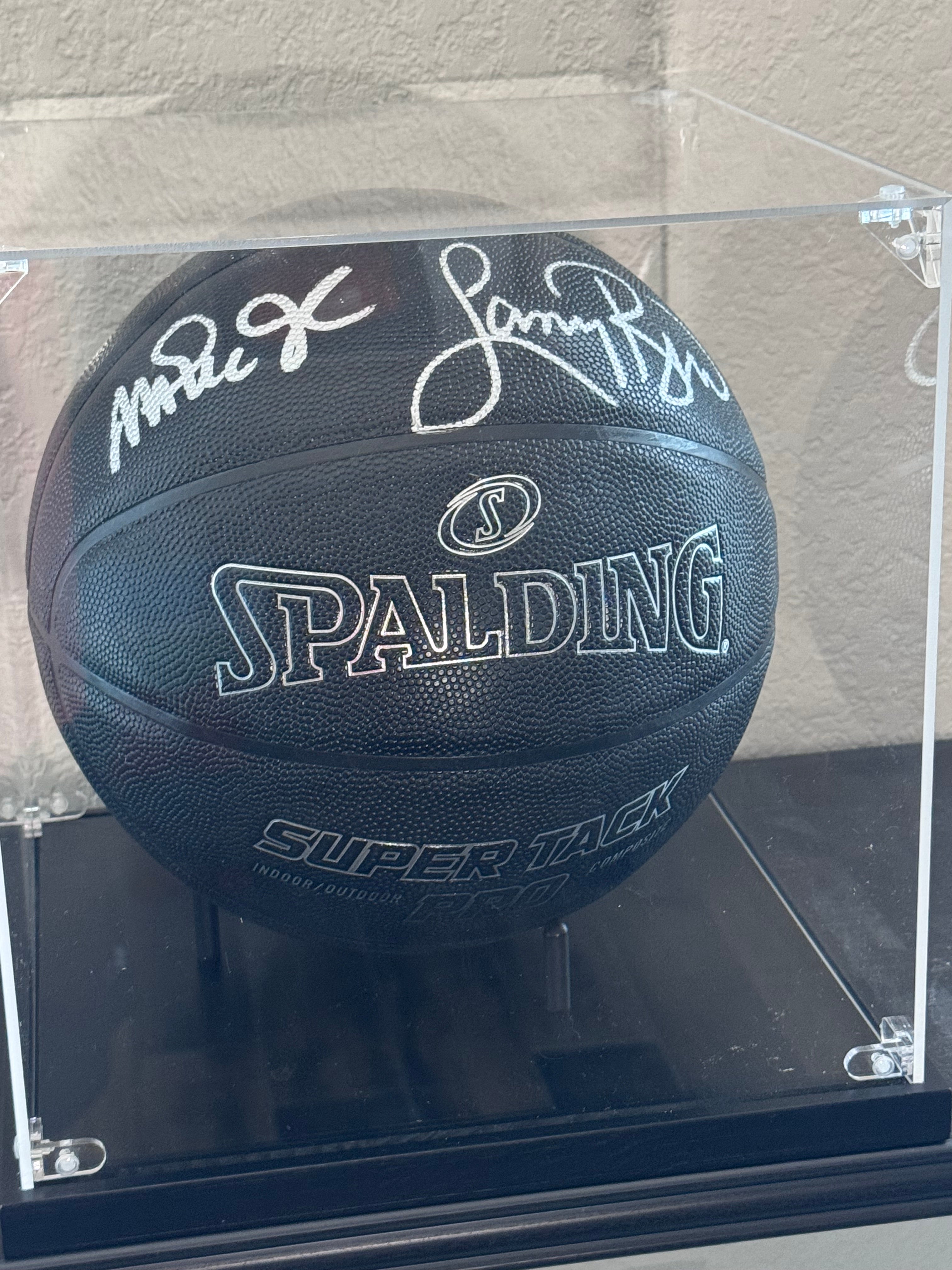 Magic Johnson & Larry Bird Signed NBA Black Basketball with Stand (PSA & Beckett