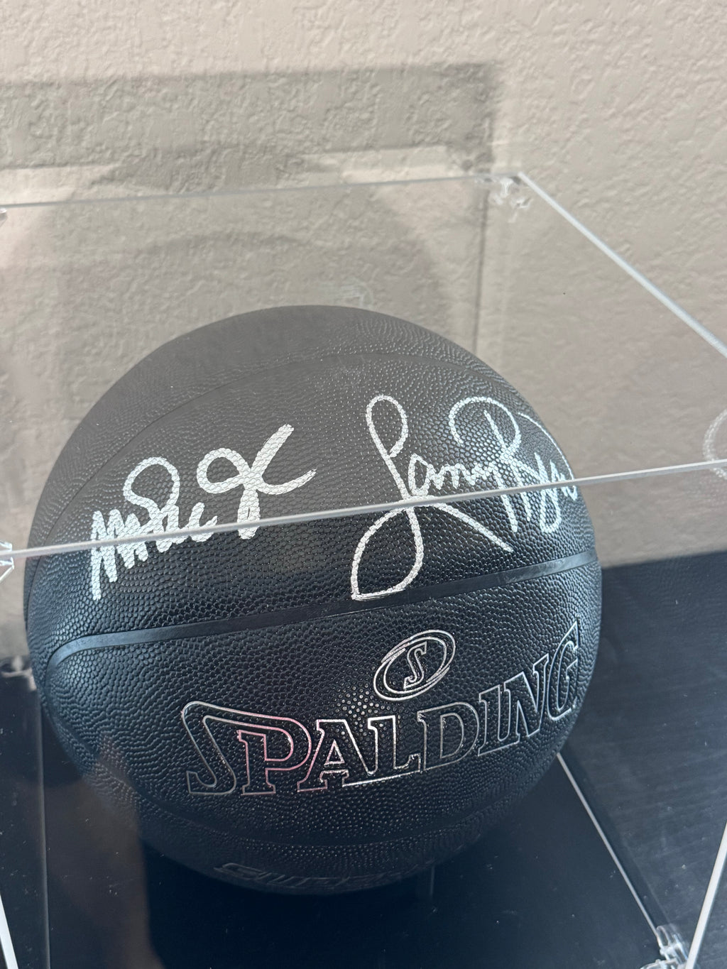 Magic Johnson & Larry Bird Signed NBA Black Basketball with Stand (PSA & Beckett