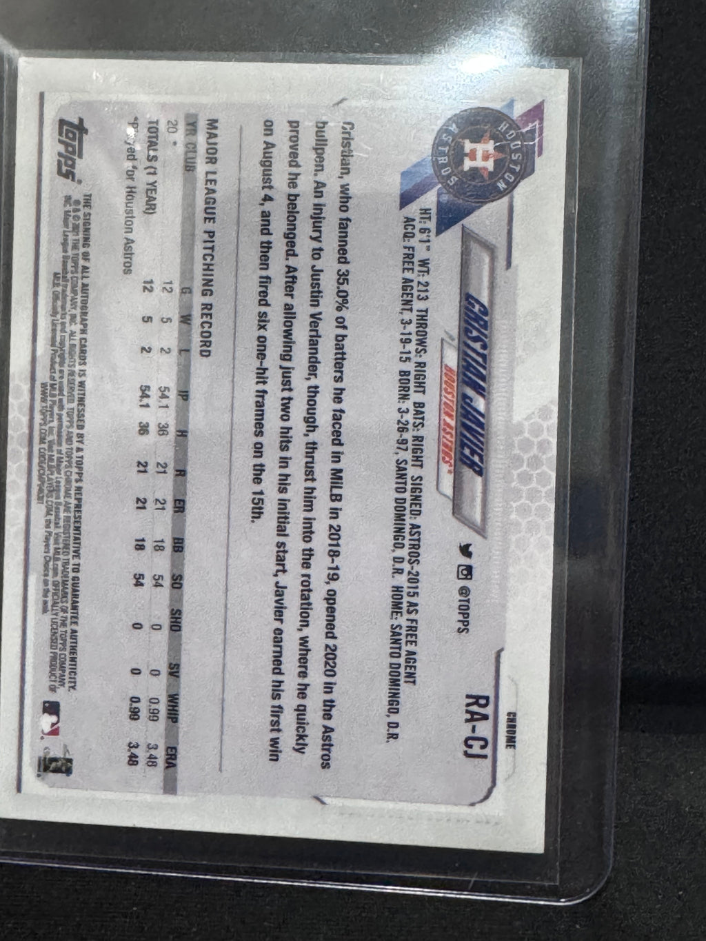 2021 Topps Chrome - Rookie Autographs Cristian Javier #RA-CJ (AU, RC)