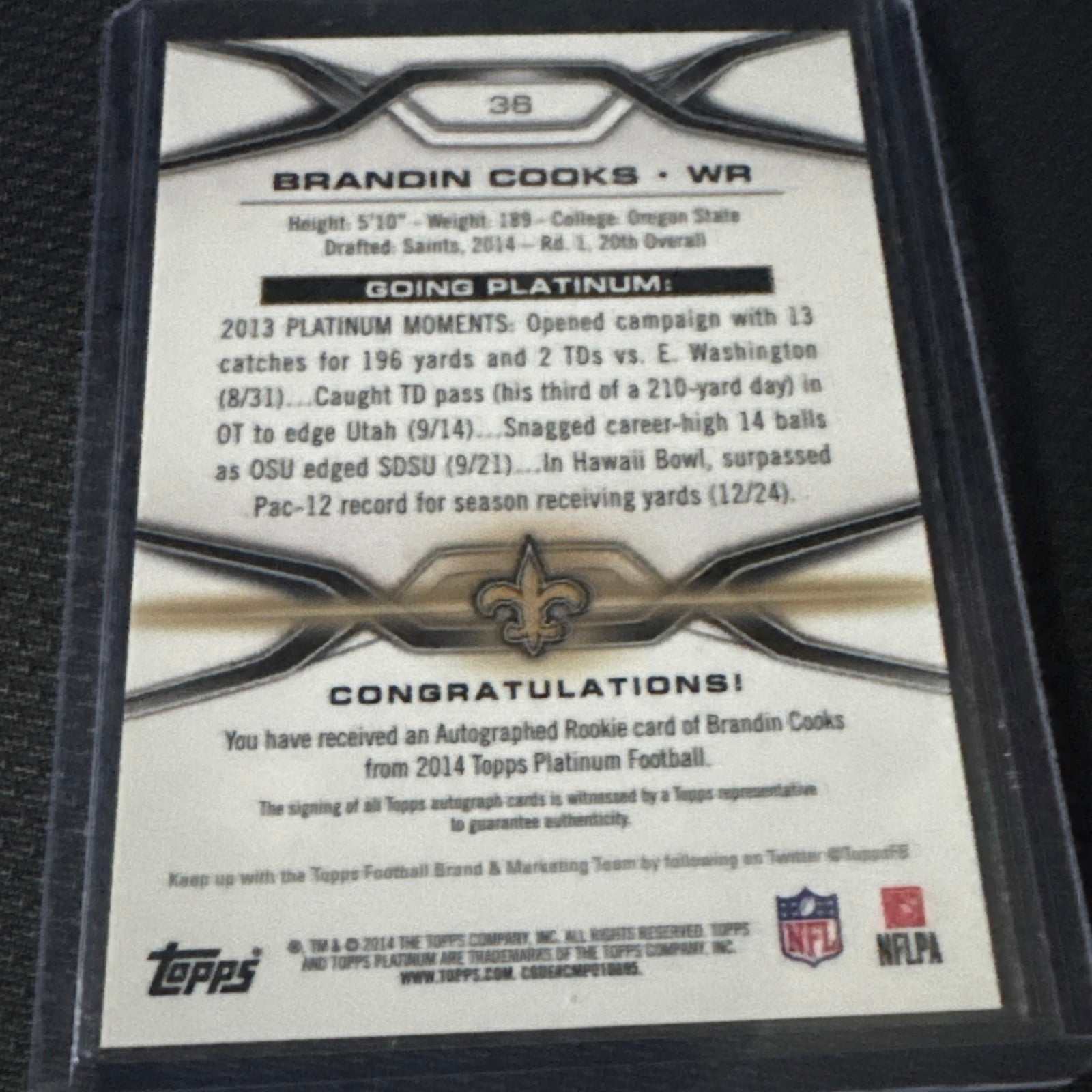 Brandin Cooks Topps Platinum Auto #36